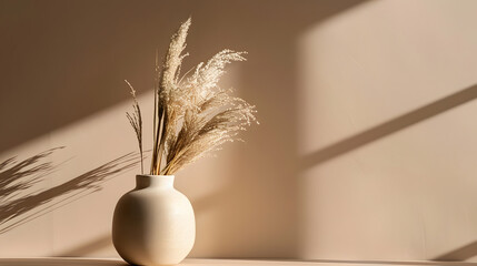 Stylish ceramic vase on the table with pampas or reed dry grass bouquet with warm shadows light brown wall background Scandinavian vase on the table with copy space minimal aesthetic s : Generative AI