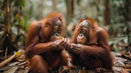 Two curious orangutans inspect a strange new object in the jungle
