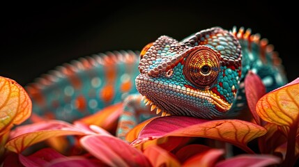 A closeup of a colorful chameleon sitting on a branch with red leaves.