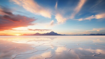 Salt flats extending towards the horizon, reflecting the sky’s colors during a magnificent sunset, creating a surreal and ethereal landscape.