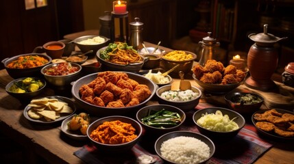 A lavish spread with multiple dishes including rice, vegetables, meats, and more, all arranged neatly on a wooden table with candles and traditional pots in the background.