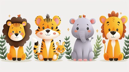 Naklejka premium A set of four cute and colorful jungle animal illustrations. The perfect addition to any child's room or nursery.