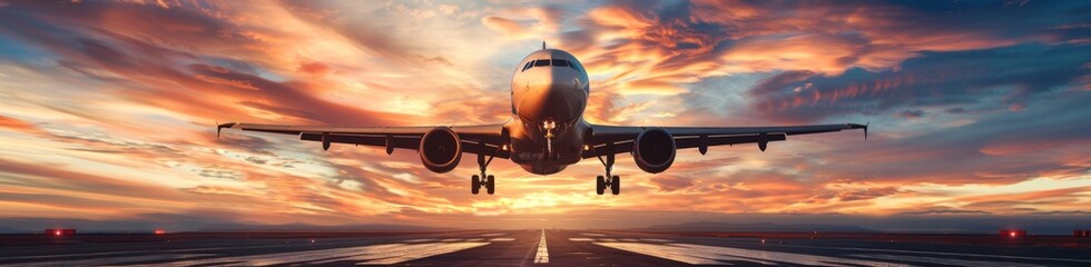 A stunning frontal view of a passenger airplane landing at an airport during sunset, creating a breathtaking panorama with vibrant colors