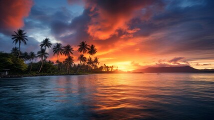 This captivating image features an ocean sunset with dramatic cloud formations and vibrant colors, highlighting tall palm trees silhouetted against the serene water.
