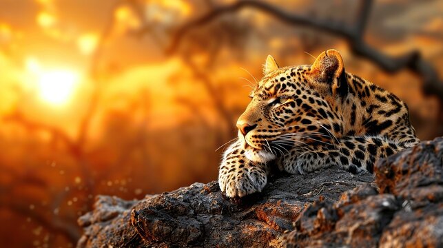 A beautiful leopardess rests on a rock, her eyes scanning the horizon as the sun sets behind her.