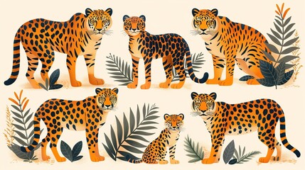 Obraz premium A collection of illustrations of jaguars in various poses, with a focus on the beauty and grace of these animals.
