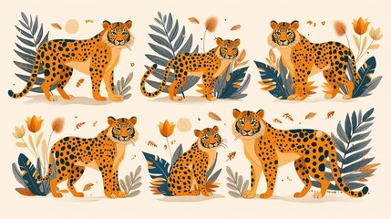 Obraz premium Set of hand drawn leopards with floral elements. Vector illustration.