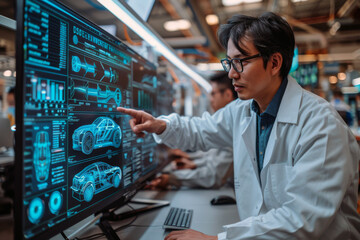 An engineer points to a digital model of a hydrogen-powered car on a computer screen while discussing design concepts with colleagues in a research facility