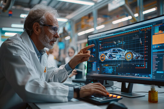 An engineer discusses design concepts with colleagues, pointing to a digital model of a hydrogen car on a computer screen in a research facility lab