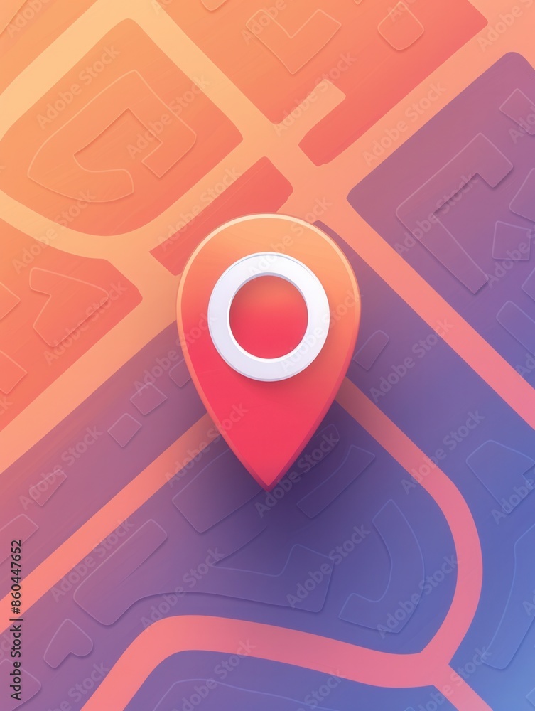 Poster A minimalistic and sleek image featuring a red location pin on a gradient map background. This image is perfect for navigation apps and travel services. Generative AI