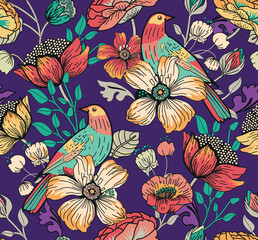 Seamless pattern for textile or wallpaper with flowers, leaves and birds. Full color print.	