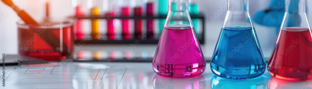 Poster three beakers of different colors of liquid are on a table