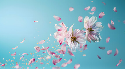 Beautiful romantic flying or levitate pastel flowers Falling on bright blue background Creative spring bloom or floral concept Minimal natural Mothers Valentines Womens day or wedding  : Generative AI
