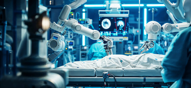future robotic arms performing automated medical health care operation for future precision surgical robot and remote control hospital equipment as wide banner design with information screens