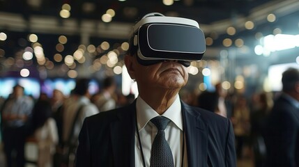 senior businessman wearing vr headset in crowded convention hall virtual meeting experience