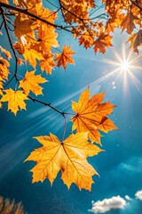 A vibrant display of autumn leaves in mid-flight against a bright blue sky, portraying the essence of the changing season.