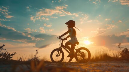 Obraz premium A girl is riding a bike in a field with the sun setting in the background