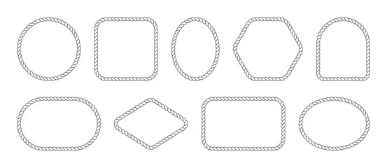 Rope frames set. Rope borders and frame in various shapes. Geometric border collection. Rectangle, oval, square other shapes. Vector illustration.