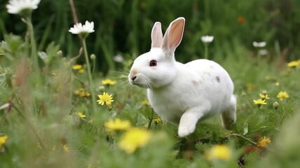 Fototapeta premium A happy bunny hopping through a meadow filled with wildflowers, enjoying the natural beauty of spring.