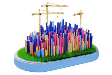 3D illustration of building construction colorful buildings in the city Top view of several skyscrapers and buildings under construction on a massive scale - clipping path