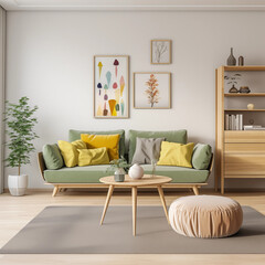 Modern living room interior with green sofa coffee table carpet and paintings on the wall