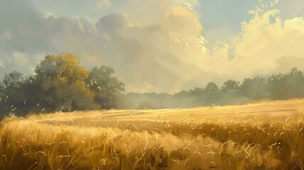 Fototapeta premium A hazy summer afternoon with golden fields stretching into the distance, bathed in warm sunlight.