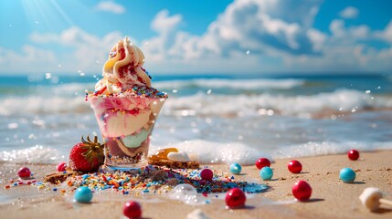 Fototapeta premium Delicious ice cream sundae topped with sprinkles and various toppings, set on a sunny day.