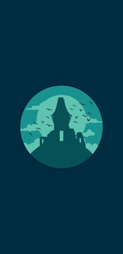Wallpaper vector Landscape with silhouette of Bajang Ratu temple, flock of birds, clouds and moonlight at midnight