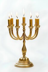 Fototapeta premium A lit Hanukkah menorah with golden candles and a decorative base, isolated on a white background.