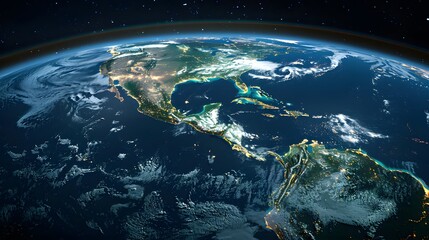 A satellite view of the Earth, focusing on the Americas. The continents of North and South America are prominently visible, with the brightest spots indicating urban areas or populated regions.