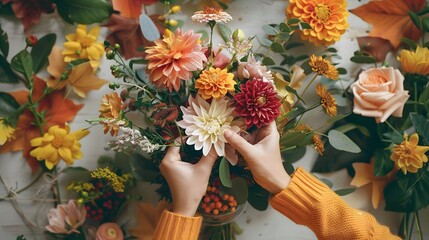 Arranging Flowers: Hands arranging a bouquet of fresh flowers in a vase, with various flowers and leaves scattered around.
