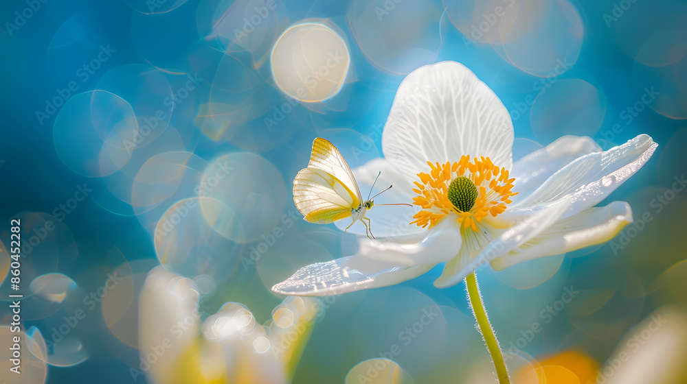 Aufkleber Detail with shallow focus of white anemone flower with yellow stamens and butterfly in nature macro on background of blue sky with beautiful bokeh Delicate artistic image of beauty of  : Generative AI