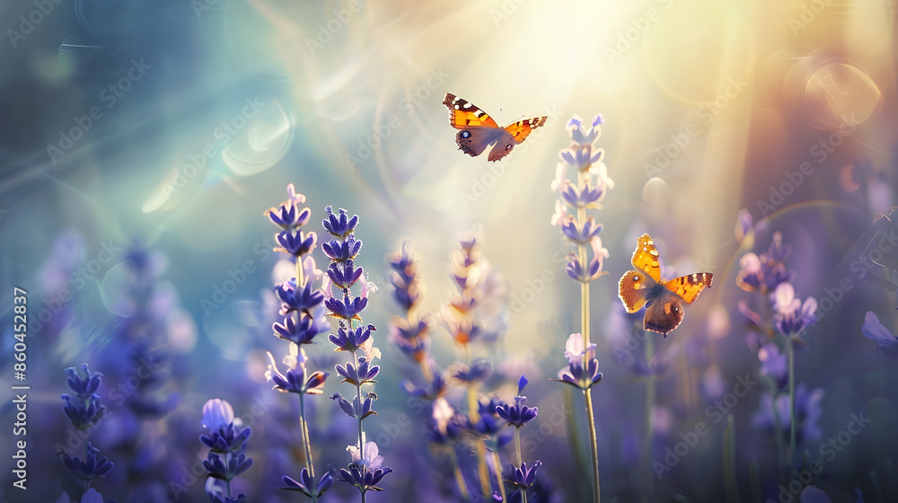 Poster amazing beautiful colorful natural scenery lavender flowers and two butterfly in rays of summer sunl