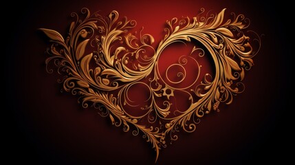 An intricately designed red heart with golden flourishes and patterns, set against a dark red background, symbolizing passion, love, and artistic beauty.