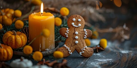 Charming gingerbread man candle with holiday spices and bokeh lights.