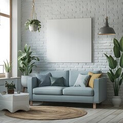 Black frame poster with cactus and ivy plant in pot on table. Beautiful green and white color, mockup and template empty frame for logo
