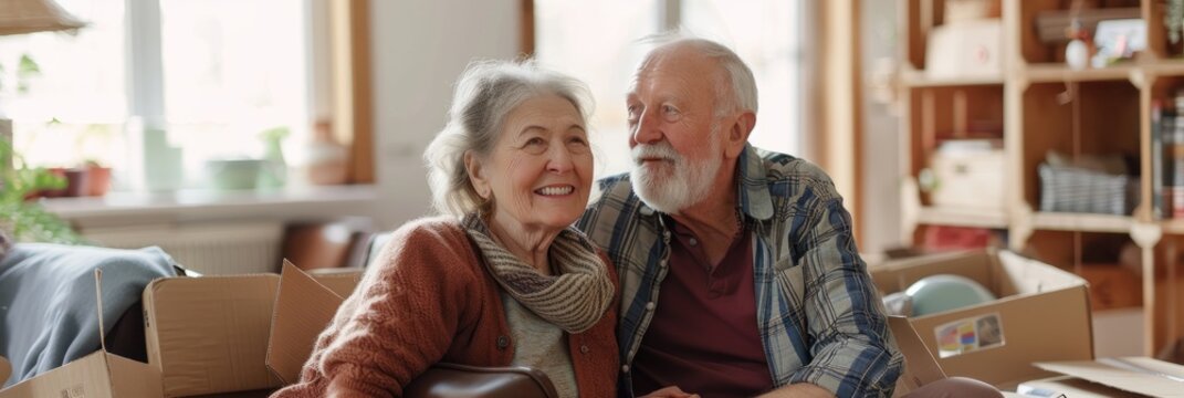 A smiling older couple unpack boxes in their new home, surrounded by furniture and boxes, enjoying their new beginning