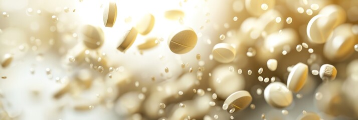 A close-up photograph showcasing various white round and oval pills falling through the air. The pills are illuminated by a soft, warm light, creating a sense of motion and energy