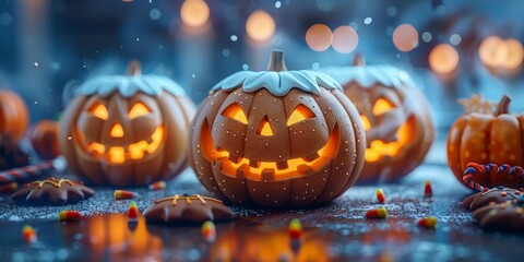 Festive Halloween scene with glowing jack-o'-lanterns and autumn decorations.