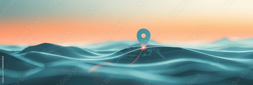 Fototapete A minimalistic and sleek image featuring a location pin icon on a digital map landscape. Perfect for navigation apps, travel services, and technology-focused designs. Generative AI