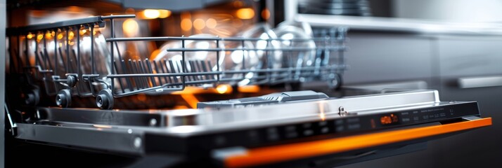 Obraz premium Close-up photo of dishwasher door ajar with clean dishes inside. Gleaming glass reflects light, showing off cleaning cycle effectiveness