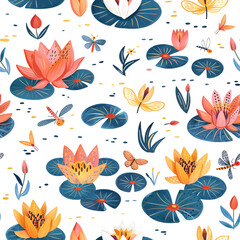 Cute Seamless Pattern with Lilies and Dragonflies