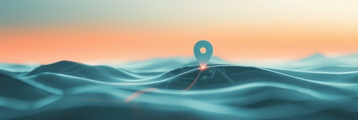 A minimalistic and sleek image featuring a location pin icon on a digital map landscape. Perfect for navigation apps, travel services, and technology-focused designs. Generative AI