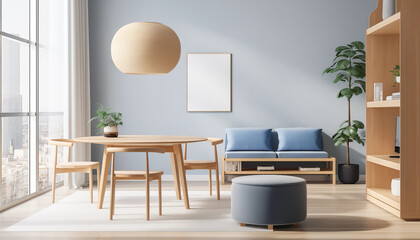 Round wood table with chairs and blue sofa in modern living room interior with large windows and plants