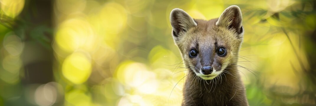 A close-up photograph of a stone marten looking alertly at the camera against a blurred background of green foliage