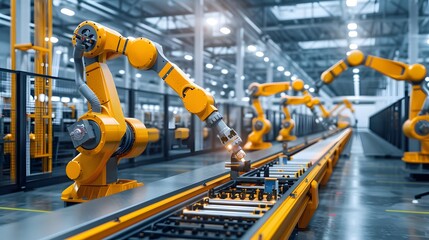 Industrial Robots Working on Assembly Line in Modern Factory