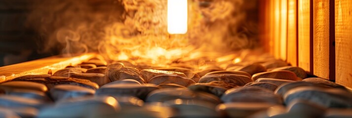 A close up photograph of hot sauna stones inside a traditional sauna oven with steam rising from the stones, highlighting the intense heat