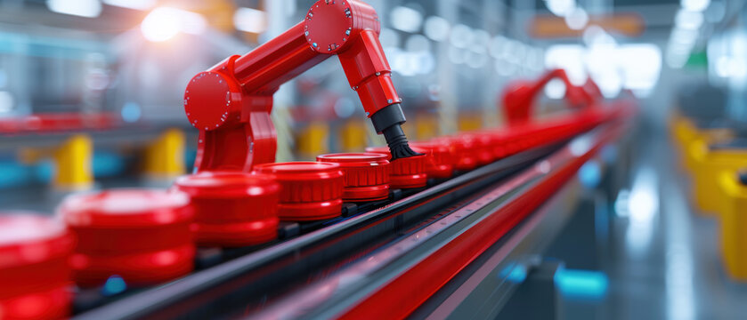 A red robot is working on a conveyor belt with red objects