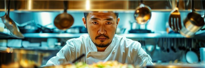 A close-up portrait of a chef in a commercial kitchen, intently focused on preparing a gourmet dish