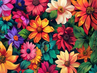 Colorful Vibrant Flower-filled Background for Cheerful and Lively Designs.